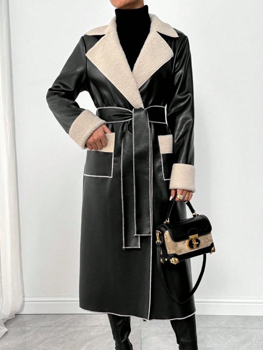 Black Casual Women's Contrast Trim Long Sleeve Pocket Panel Jacket - Picture 3 of 4